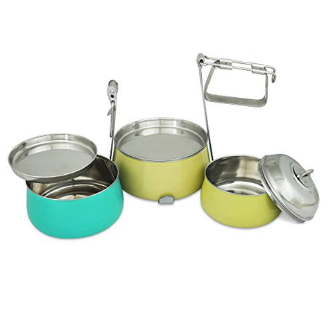 ELAN Dabbawala 3 Compartment Tiffin Box, Stainless Steel, Pyramid Shape, Traditional Indian Lunch Box, Yellow and Aqua | SpreeIndia.com - India's First Website That Discovers Eco-Friendly Products