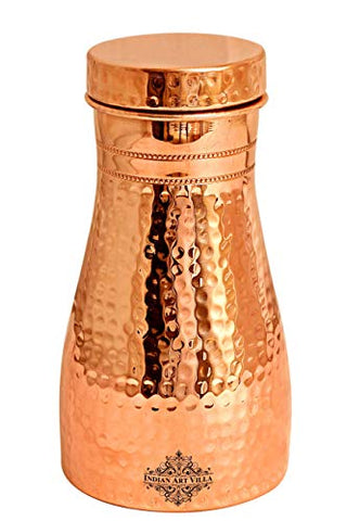 Indian Art Villa Hammered Finish Bedroom Copper Bottle with Inbuilt Glass, Drink Ware, Modern Design,1100 ML