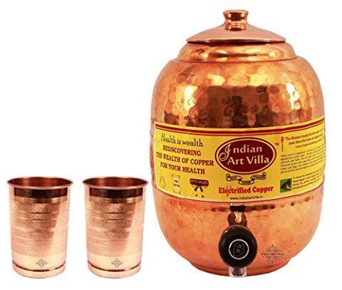 IndianArtVilla Copper Water Dispenser Storage Pot Matka With 2 Glass Tumbler, Serveware Set (3 Pieces) | SpreeIndia.com - India's First Website That Discovers Eco-Friendly Products
