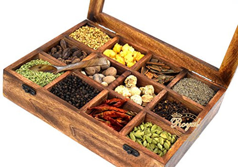 Royal Craft Enterprises Wooden 12 Containers Multipurpose Spice Box with Spoon(Light Black, 30x22.5x7cm)