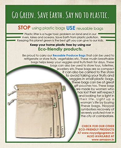 Noyyal Go Green (Tiger) Reusable Cotton Produce Bags - Set Of 6 (2Large (14X12), 2Medium (12X10), 2Small (10X8) Inches) | SpreeIndia.com - India's First Website That Discovers Eco-Friendly Products