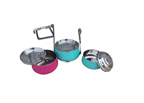 Elan Stainless Steel Pyramid Shape Three Tier Lunch Box ,(3 Tier) Pink & Aqua | SpreeIndia.com - India's First Website That Discovers Eco-Friendly Products