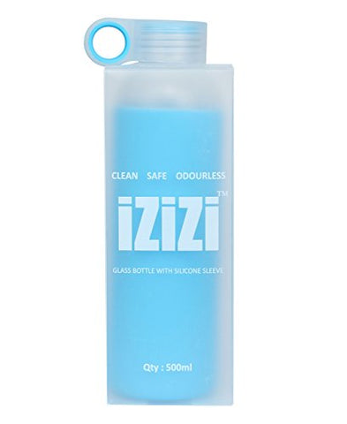 Izizi Glass Water Bottle With Anti-Slip Sleeve (500ml, Blue)