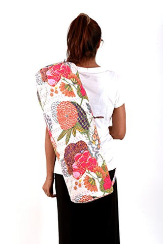 Exclusive White Floral Printed Cotton Kantha Work Yoga Mat Bag Gym Tote Bag Kantha Yoga Mat Cover By Handicraft-Palace | SpreeIndia.com - India's First Website That Discovers Eco-Friendly Products