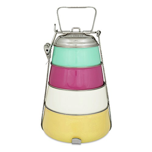 ELAN Dabbawala 4 Compartment Tiffin Box, Stainless steel, pyramid shape, four tier, Traditional Indian Lunch Box, Aqua-Pink-Off White-Yellow | SpreeIndia.com - India's First Website That Discovers Eco-Friendly Products