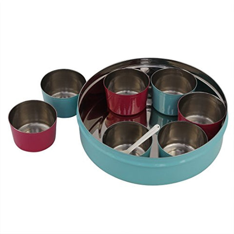 Eco-Friendly Stainless Steel Spice/Masala Box (7 bowls & 1 Spoon, Aqua)