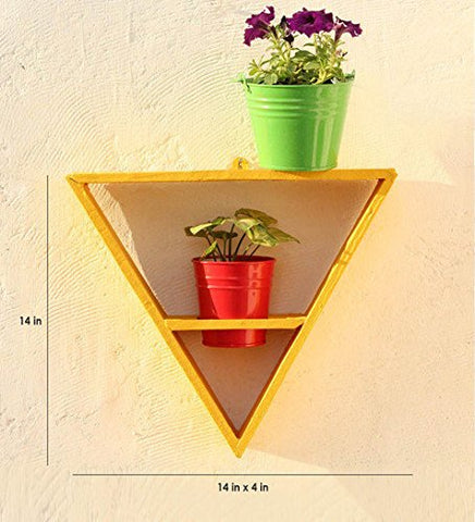 Green Gardenia Wooden Triangle Wall Stand with 2 Metal Pots-Yellow | SpreeIndia.com - India's First Website That Discovers Eco-Friendly Products