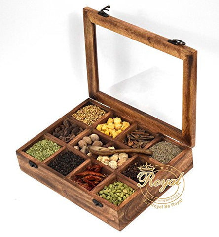 Royal Craft Enterprises Wooden 12 Containers Multipurpose Spice Box with Spoon(Light Black, 30x22.5x7cm)