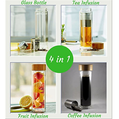 4-in-1 Glass Water Bottle With Tea+Coffee+Fruit Infuser
